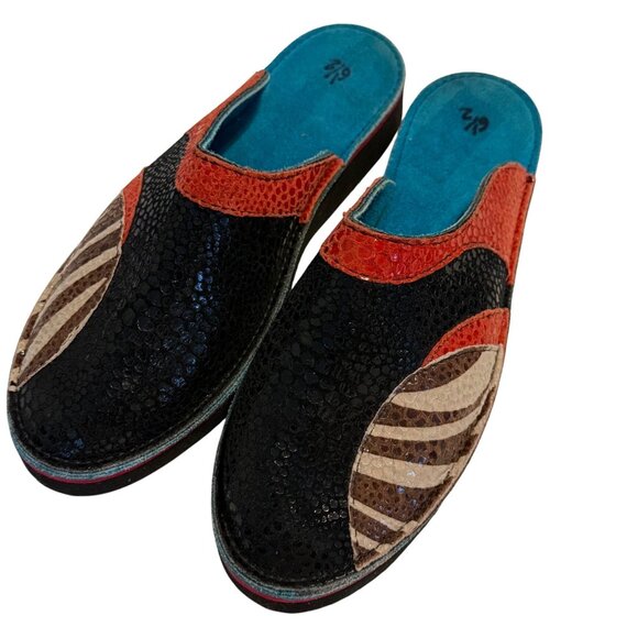 Soletech Shoes - SIZE 8 Soletech Leather Mules Clogs Red Black Zebra Brown Mixed